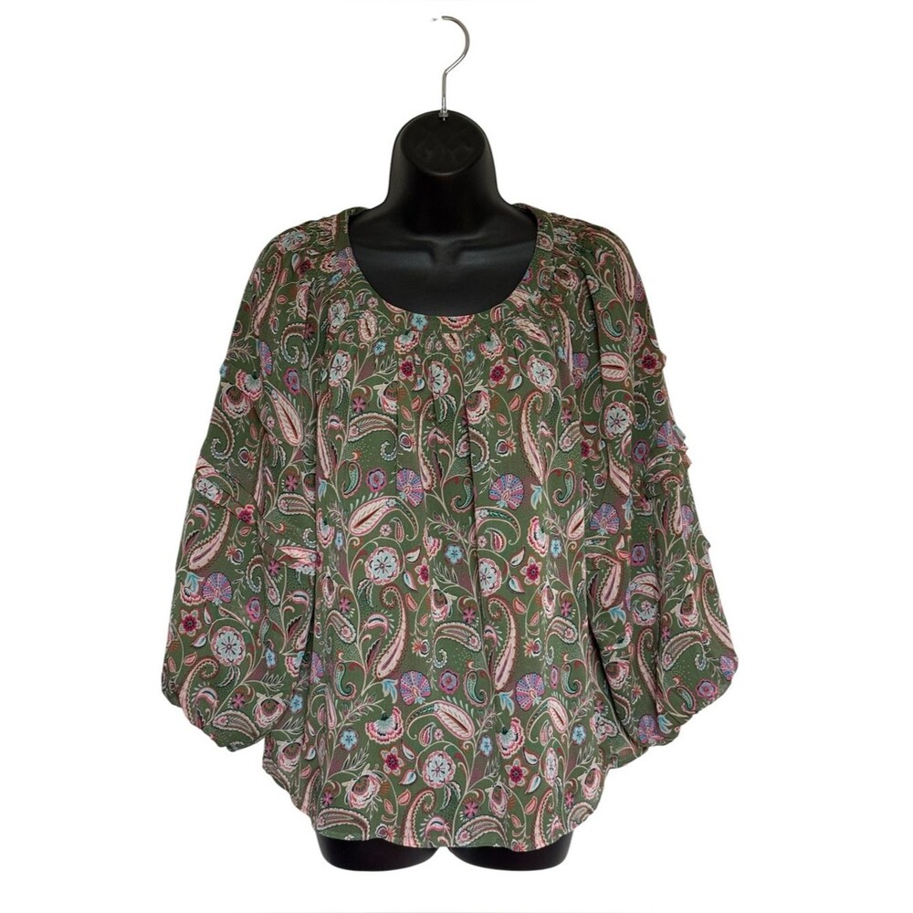 Loft Smocked Neckline Paisley Peasant Blouse Top Green Sz M